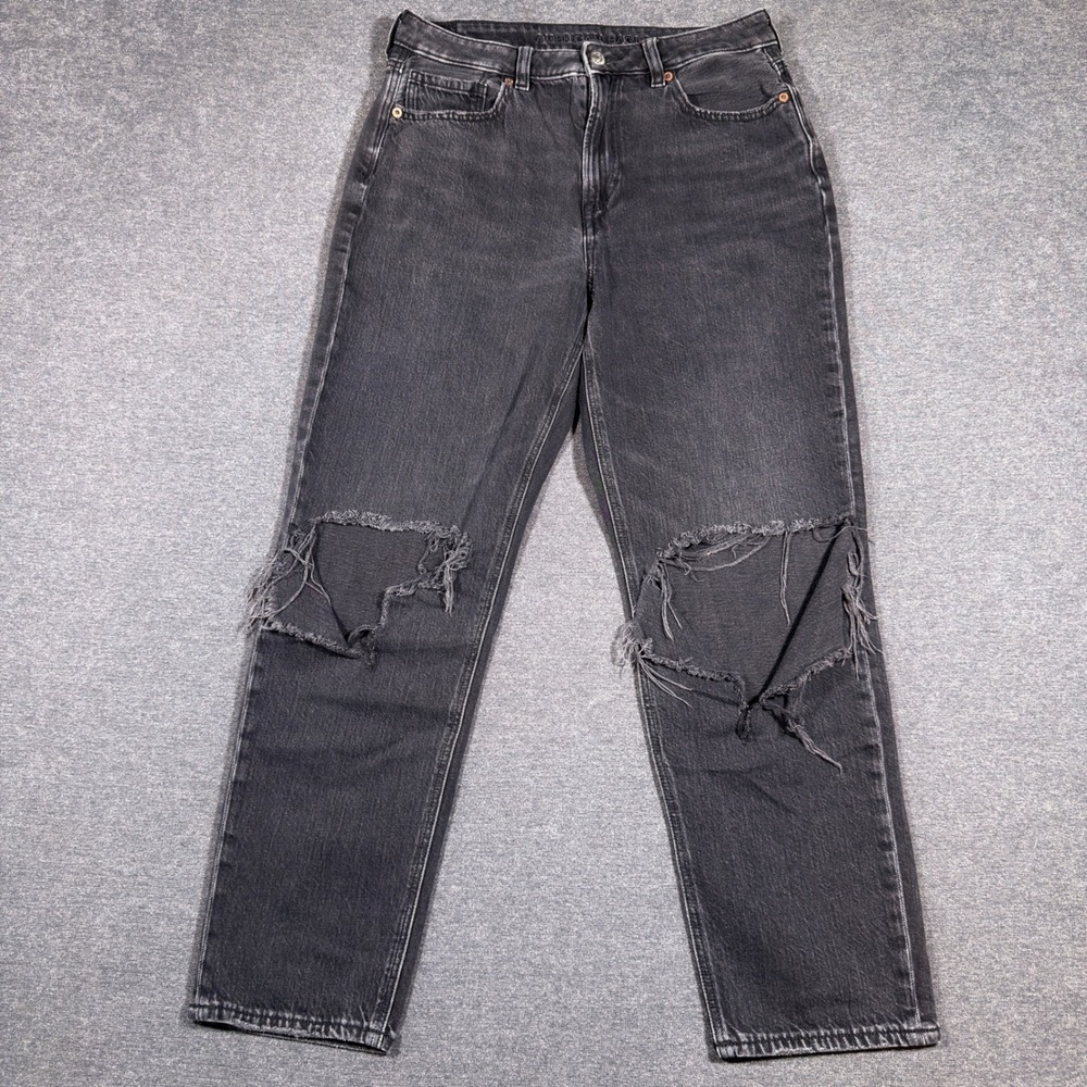 American Eagle Mom Jeans Women 8 Short Black Distressed Ripped High Rise Strigid